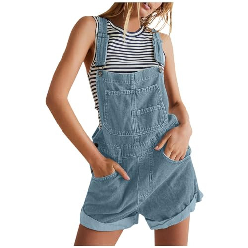 Blue Jean Jumpsuits for Women Denim Jean Romper for Women Bib Denim Loose Fit Short Overall Roll Up Casual Summer Short Jumpsuits with Pockets Jeans Shortalls Wide Leg One Piece Jumpsuit Jeans Overall | Amazon (US)