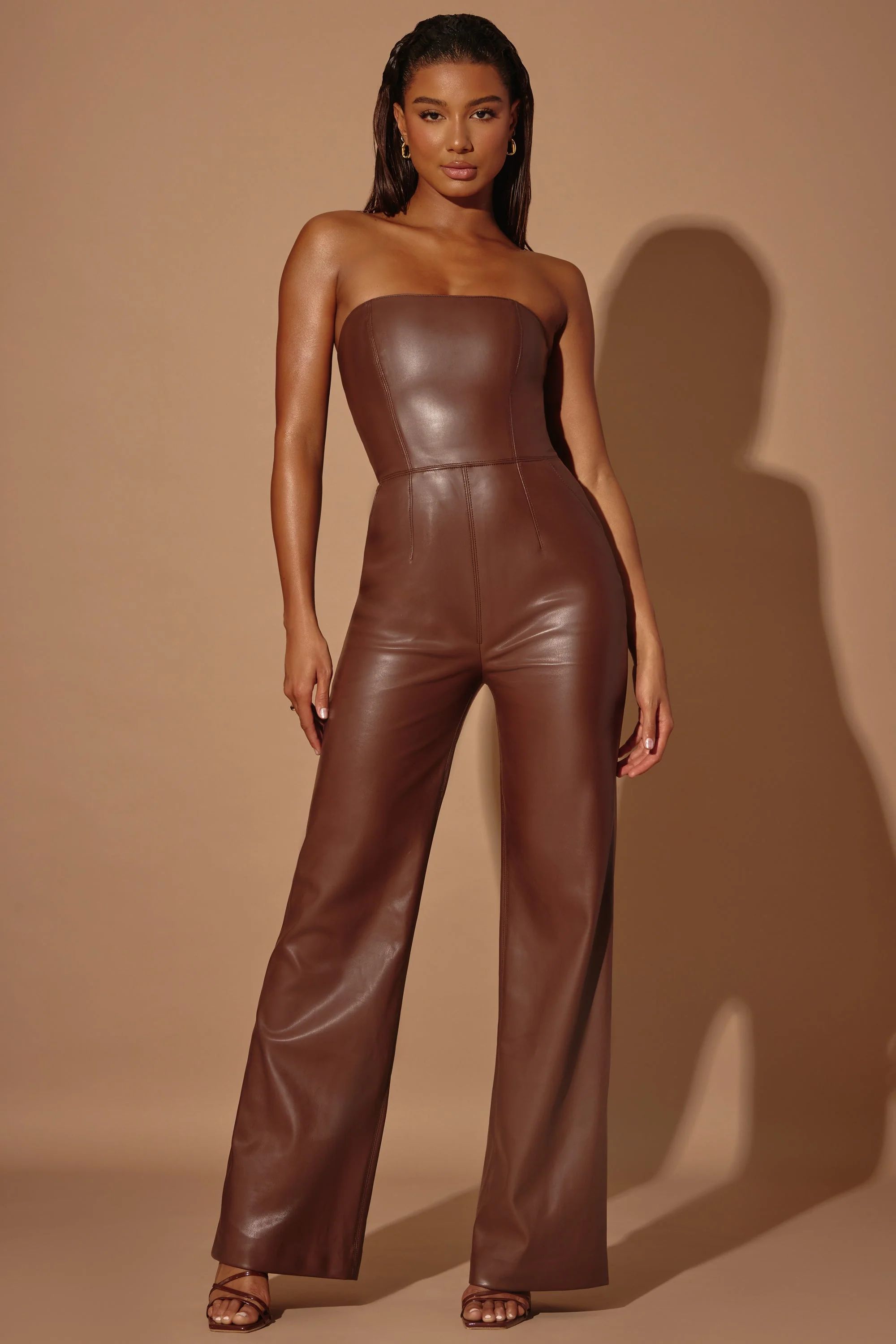Strapless Wide Leg Vegan Leather Jumpsuit in Brown | Oh Polly