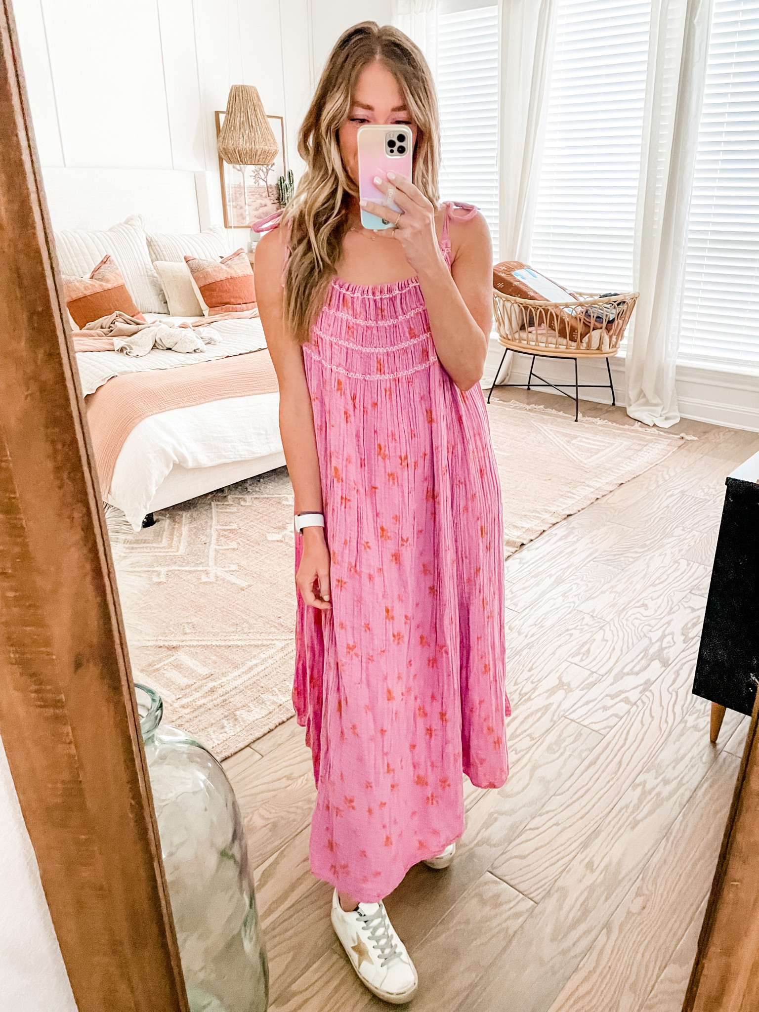 Free People dress- this is a size small. I have both XS (in blue) .. you can adjust the straps. Golden goose sneakers. Easy outfit  

#LTKshoecrush #LTKtravel #LTKstyletip