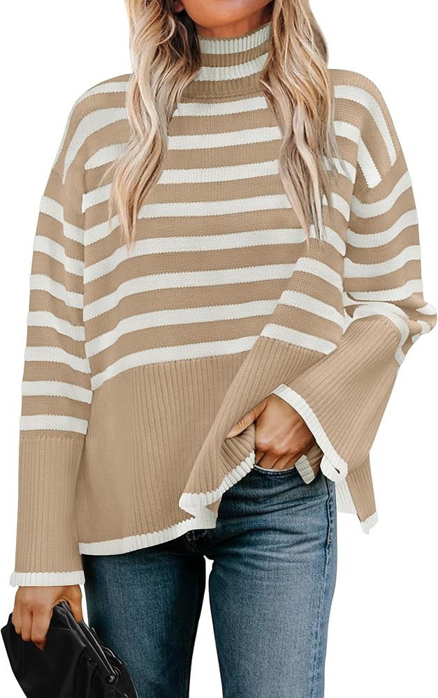 ZESICA Women's Winter Sweaters Casual Turtleneck Long Sleeve Striped Side Slit Loose Pullover Swe... | Amazon (US)