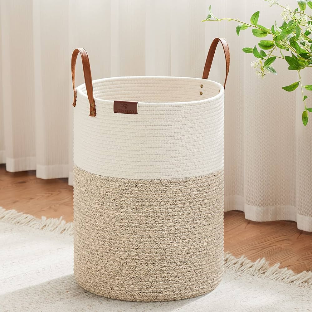 VIPOSCO Tall Laundry Basket, Large Dirty Clothes Hamper with Leather Handle, Woven Rope Storage B... | Amazon (US)