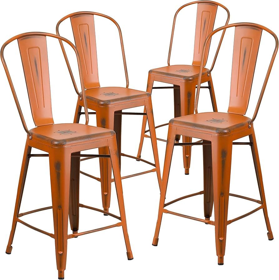 Flash Furniture Blake Commercial Grade 4 Pack 24" High Distressed Orange Metal Indoor-Outdoor Cou... | Amazon (US)