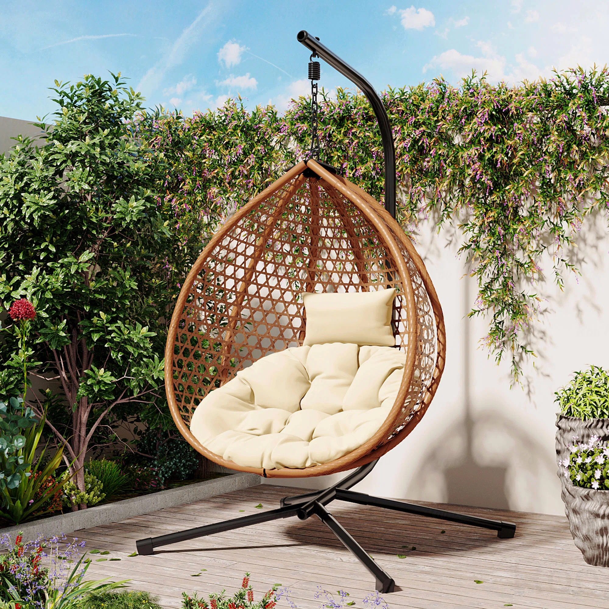 Rattan Hanging Egg Chair with Stand & Removable Cushion for Indoor/Outdoor Use - Beige + Brown | Wayfair North America