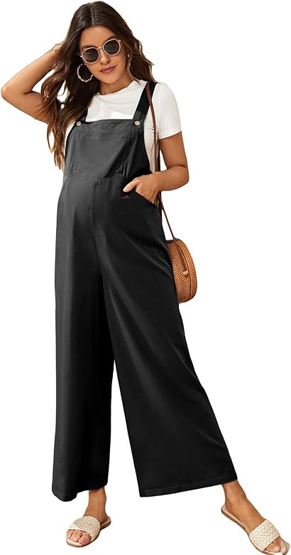 OYOANGLE Women's Maternity Overalls Button Straps Casual Sleeveless Long Wide Leg Loose Pants Jum... | Amazon (US)