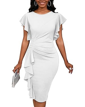 Womens Short Ruffle Sleeve Church Dress 50S Vintage Crew Neck Bodycon Work Pencil Midi Dress | Amazon (US)