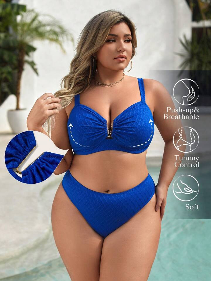SHEIN Swim Chicsea Summer Beach Plus Size Women's Textured V-Wired Bikini Set | SHEIN