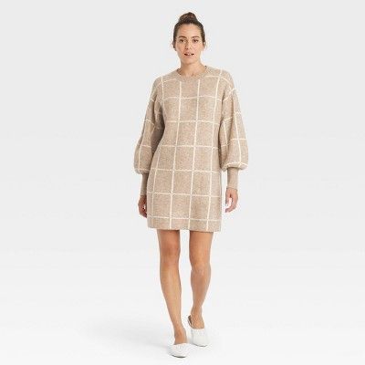 Women&#39;s Long Sleeve Sweater Dress - A New Day&#8482; Beige Plaid L | Target
