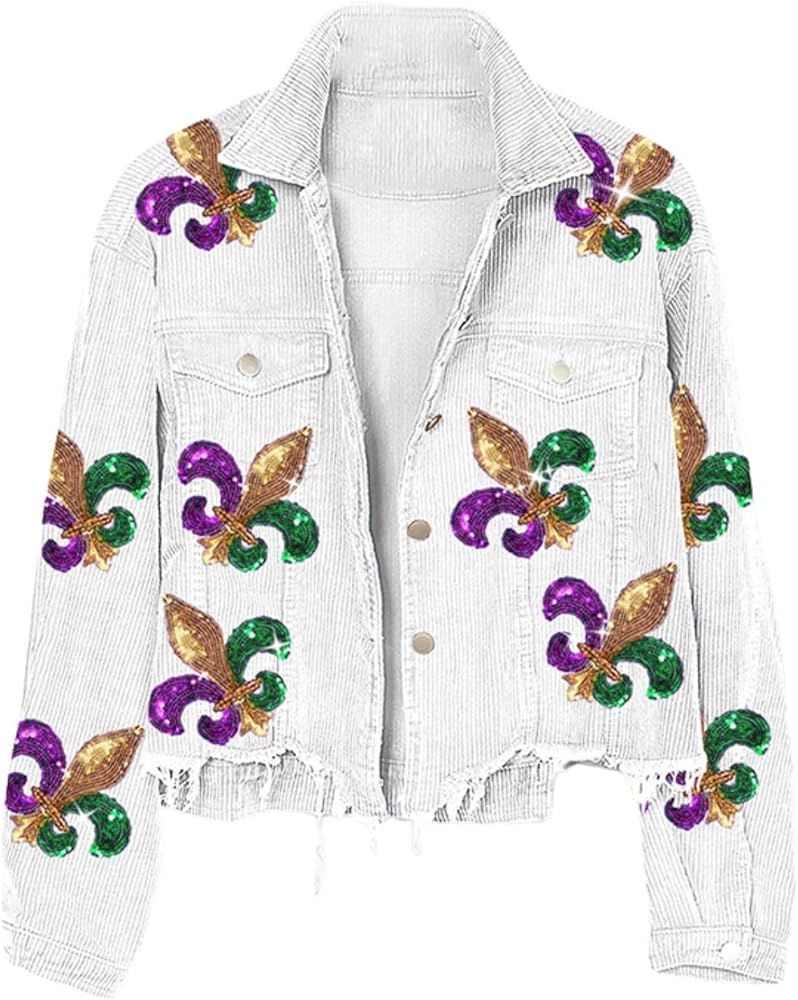 Joiemont Womens Fleur De Lis Sequin Patches Mardi Gras Jacket Cropped Raw Hem Washed Corduroy Jac... | Amazon (US)