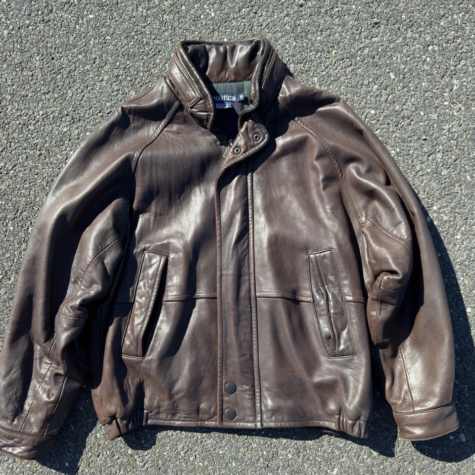 Vintage Nautica Brown leather bomber jacket with plaid lining Size 42   | eBay | eBay US