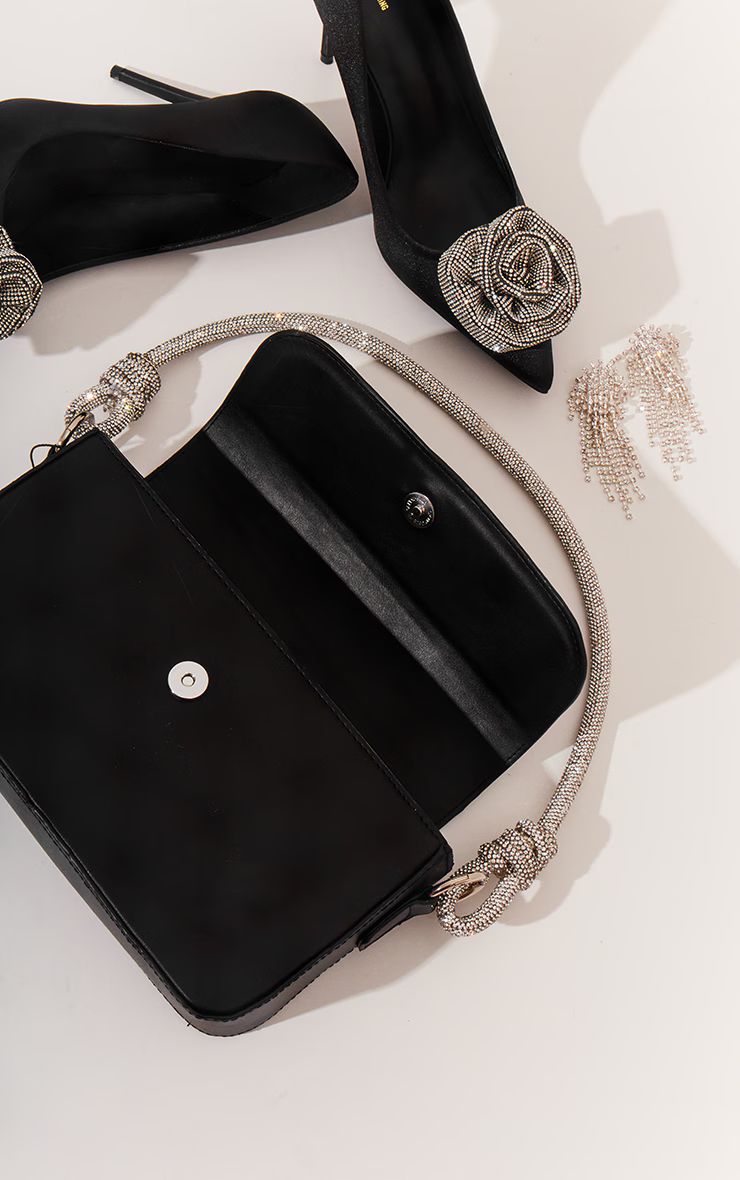 Black Satin Diamante Knot Handle Shoulder Bag | PrettyLittleThing US