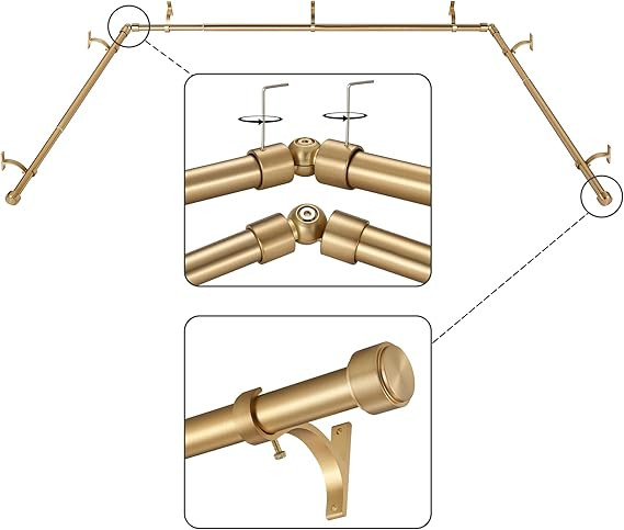 Warm Gold Bay Window Curtain Rods with Aluminum End Cap Finials and Brackets,Adjustable 32-86 Inc... | Amazon (US)