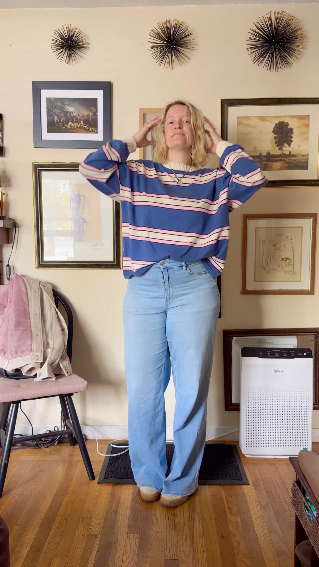 Blue on blue look, with a pop of pink! 

top large 
pants 12 long 
shoes 7.5



#LTKOver40 #LTKTall #LTKMidsize