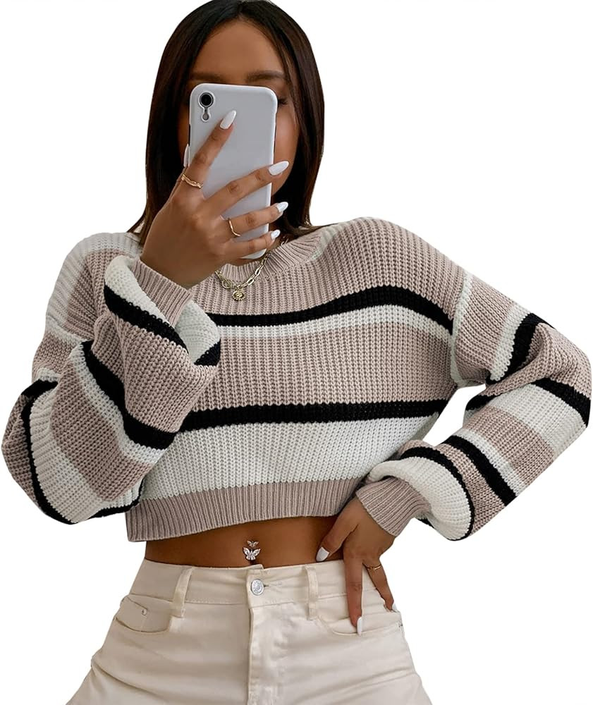 ZAFUL Women's Color Block Striped Sweater Crew Neck Lantern Sleeve Cropped Sweaters Casual Loose ... | Amazon (US)