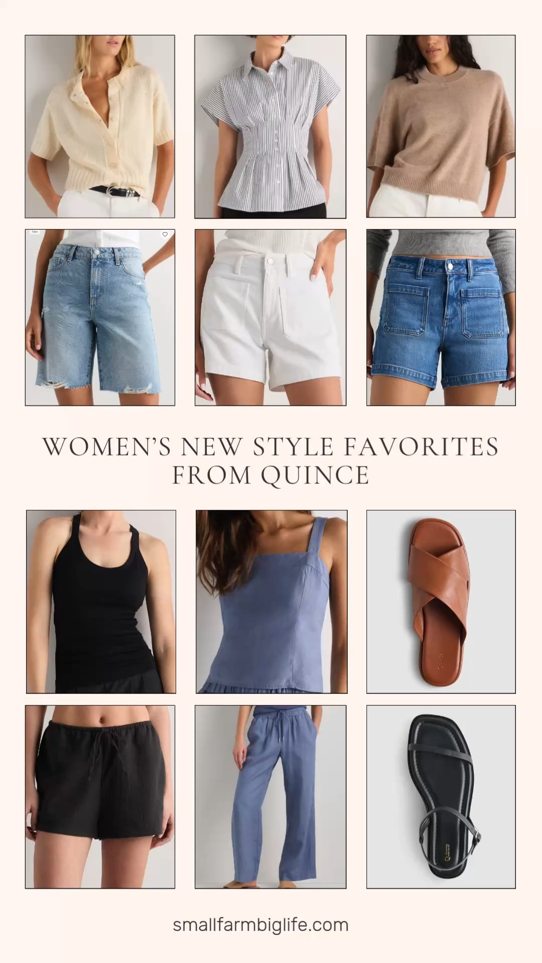 Quince is one of my favorite brands for elevated basics at a fraction of the designer price and this new drop has so many beautiful pieces. The Mongolian cashmere cropped tee and the cotton linen cardigan are the kind of investment pieces that look so much more expensive than they are, and the European linen fitted tank and wide leg pants in moonstone blue are a stunning matching set for summer. I love the Bella stretch shorts in both white and blue for an easy casual look, and the rigid Bermuda shorts are such a clean and classic silhouette. The Italian leather crossover slide and ankle strap flat sandal are the perfect finishing touches and the quality for the price is unmatched. Tap to shop! 

 #LTKgrwm #LTKootd #LTKOver40