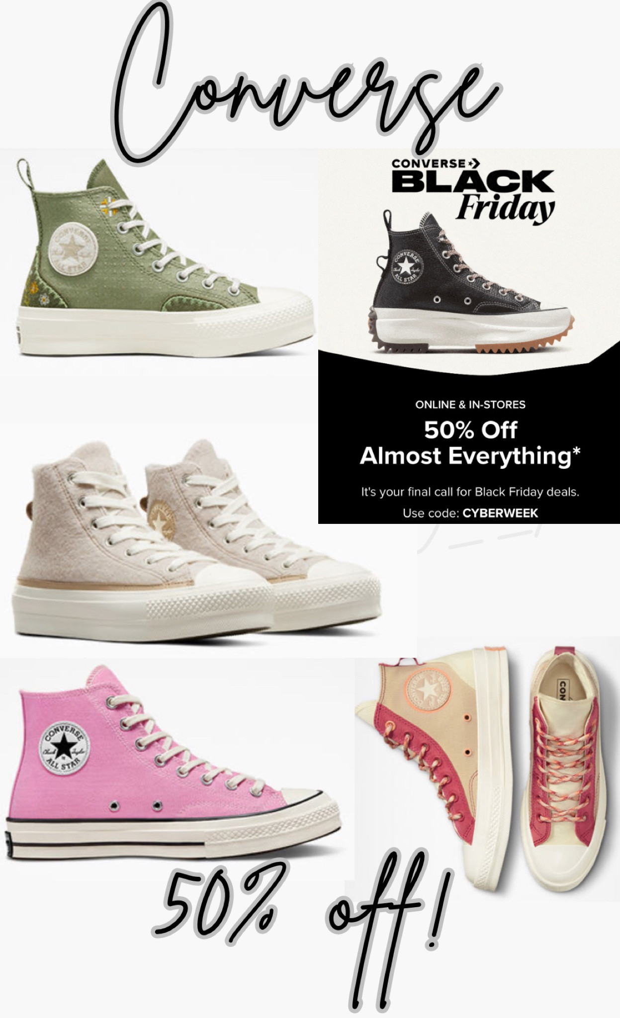 50% off converse with code:CYBERWEEK!! This works on sale prices too!! 👏 

#LTKshoecrush #LTKGiftGuide #LTKCyberWeek