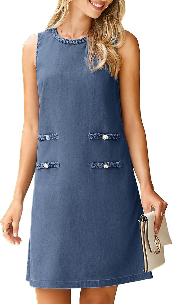 Simplee Womens Denim Dress Summer Sleeveless Casual Mini Dresses Crewneck Western Jean Dress with... | Amazon (US)
