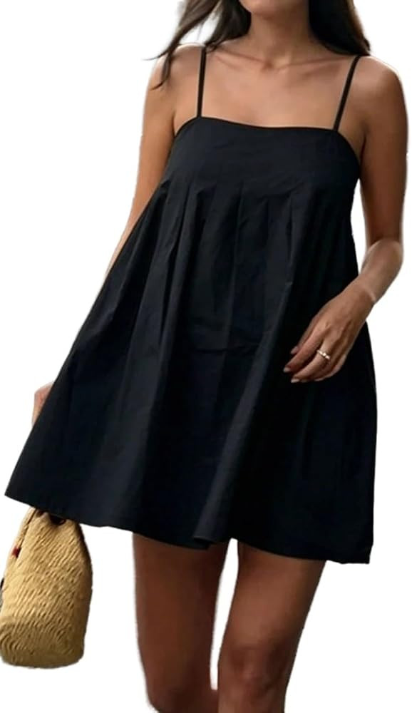 Casual Solid Color Pleated Loose Strap Dress Women's Basic Casual Spaghetti Strap Mini Dress | Amazon (US)