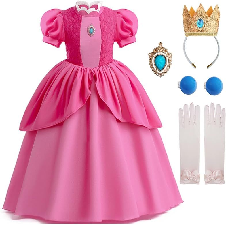 Xefenki Princess Peach Cosplay Costume for Girls Kids,Princess Peach Dress With Accessories Crown an | Amazon (US)