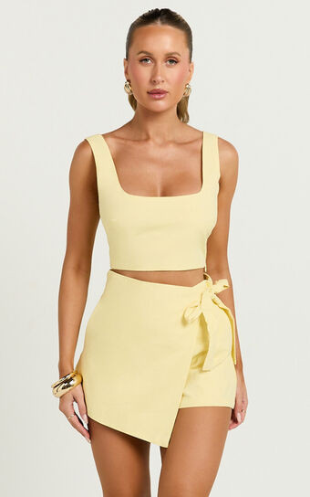 Polina Two Piece Set - Linen Square Neck Crop Top and Tie Waist Skort Set in Lemon | Showpo (US, UK & Europe)