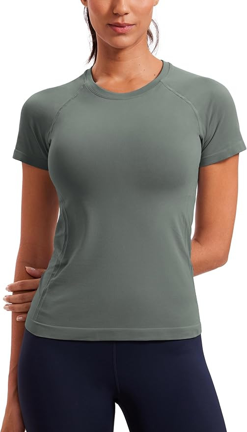 CRZ YOGA Seamless Workout Tops for Women Hip Length - Athletic Running Gym Yoga Short Sleeve Shir... | Amazon (US)