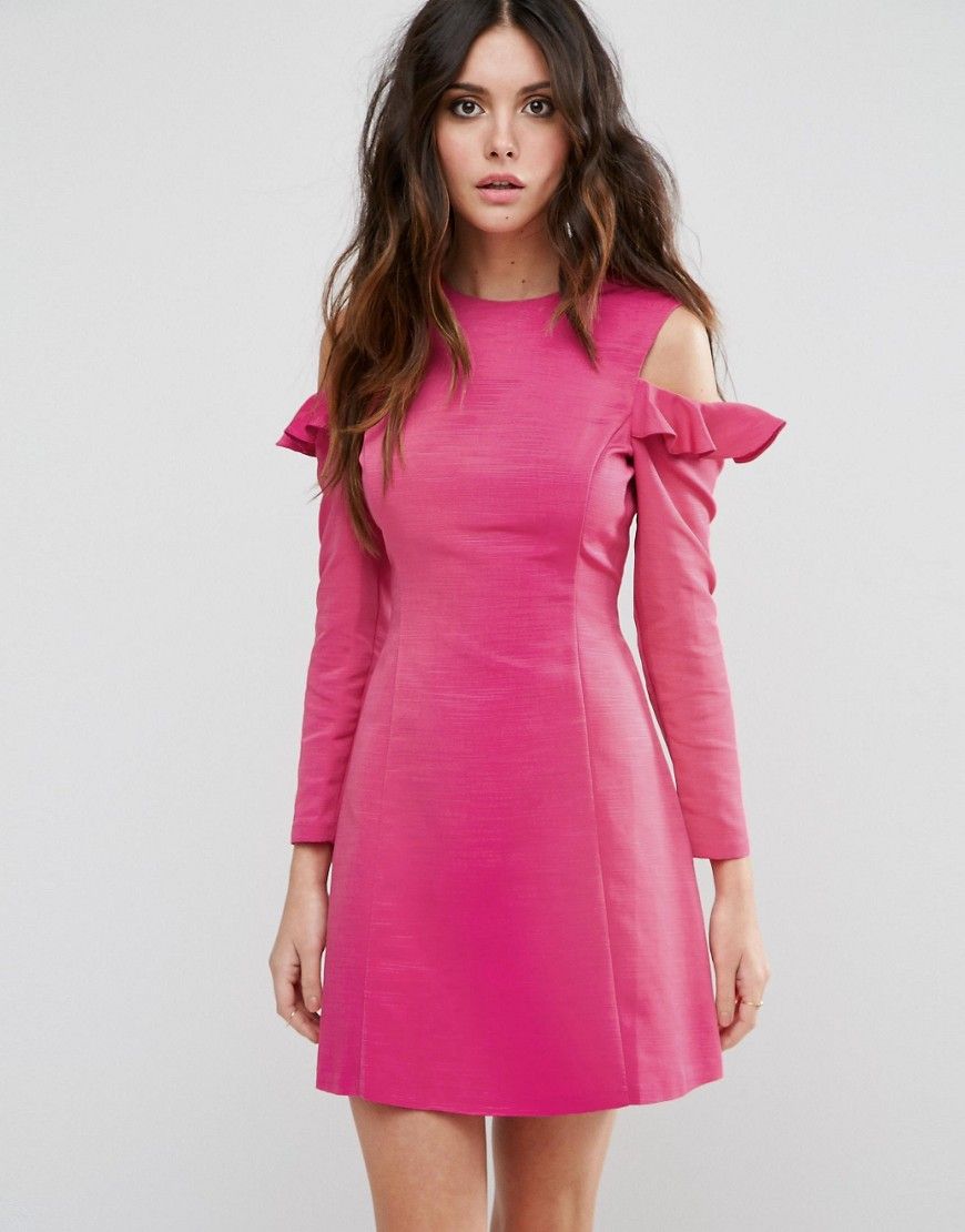 ASOS Cold Shoulder Structured Dress With Ruffle - Pink | ASOS US