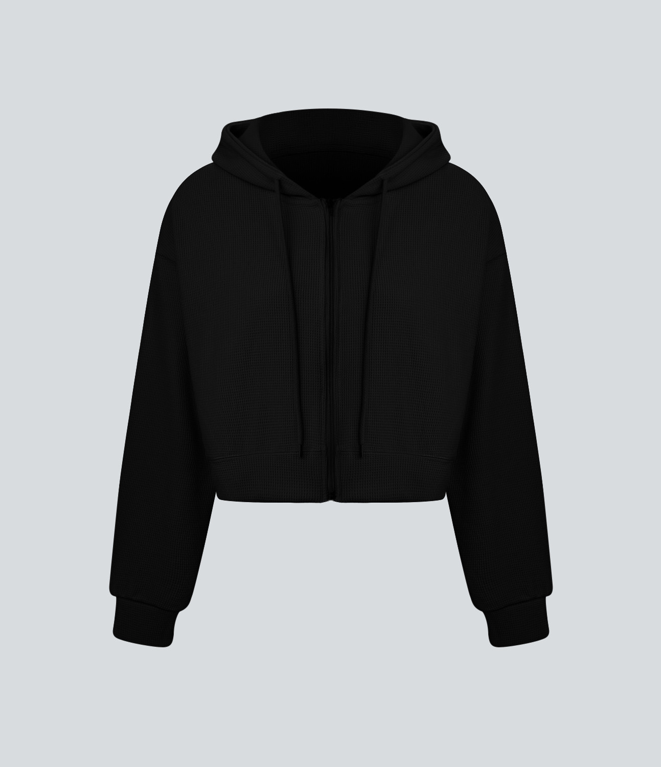Halara Waffle Hooded Drawstring Zipper Cropped Casual Cotton Sports Sweatshirt - Black - L | HALARA