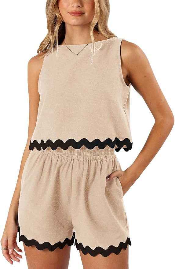 Tankaneo Womens 2 Piece Vacation Outfits Lounge Sets Casual Cropped Tank Tops Shorts Matching Set | Amazon (US)