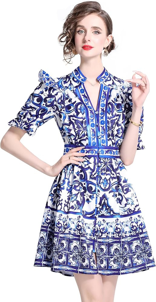 LAI MENG FIVE CATS Women's Summer Puff Short Sleeve V-Neck Floral Print Casual Slit Mini Dress | Amazon (US)