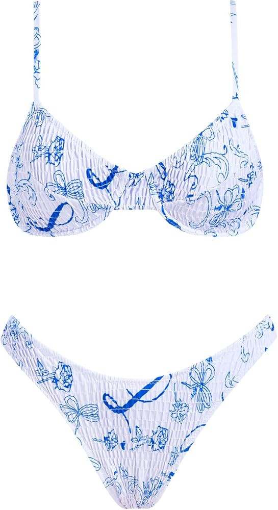 VOLAFA Women's Triangle Bikini Set Textured Frilled Smocked Ruched Push Up Swimsuit Two Piece Bat... | Amazon (US)