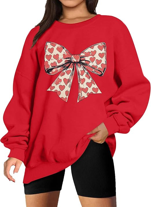 KIMSOONG Valentines Day Love Heart Sweatshirt Women Bow Graphic Long Sleeve Shirt Casual Valentin... | Amazon (US)