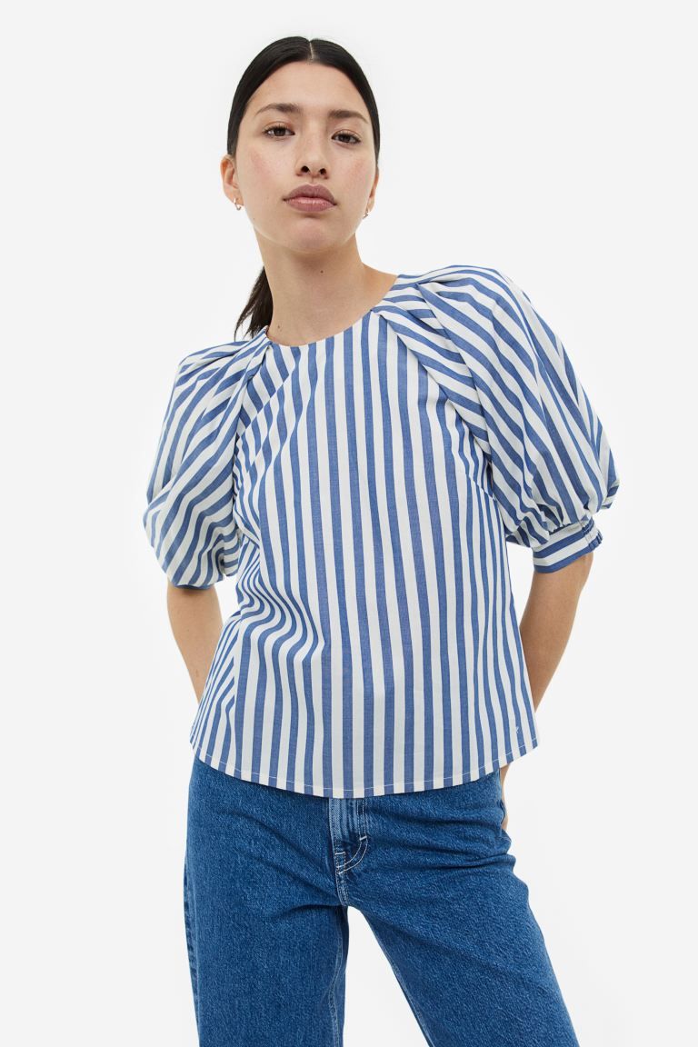 Balloon-sleeved Blouse - Blue/striped - Ladies | H&M US | H&M (US)
