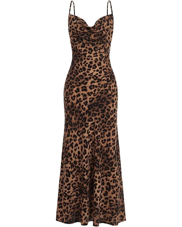 Floerns Women's Leopard Print Draped Collar Spaghetti Strap Cami Long Dress | Amazon (US)