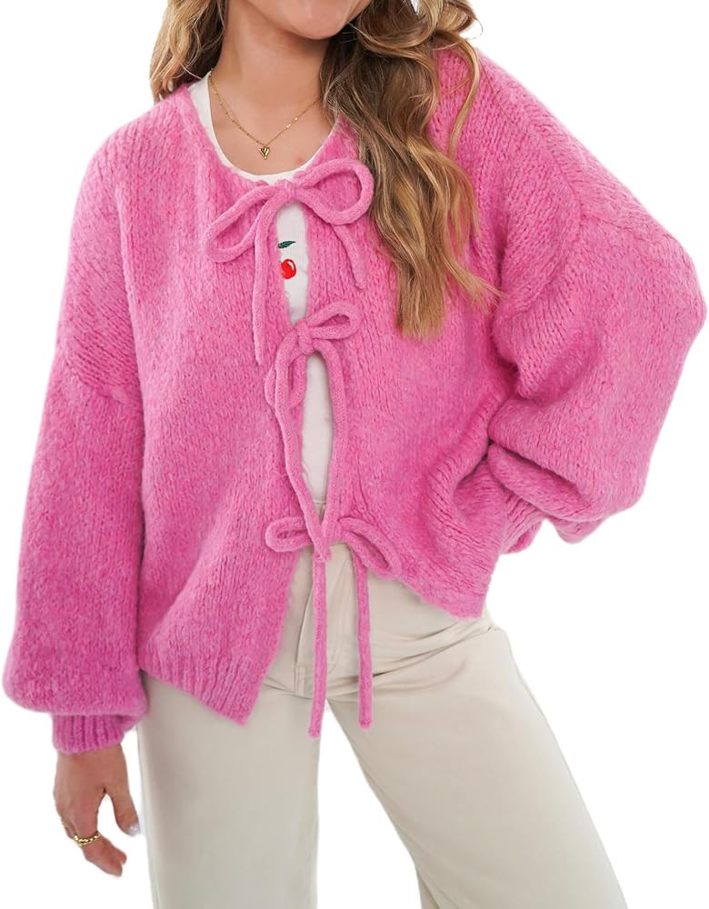 LAVASEON Women’s Bow Tie Oversized Sweater Y2k V Neck Knit Cardigan Cute Long Sleeve Pullover T... | Amazon (CA)