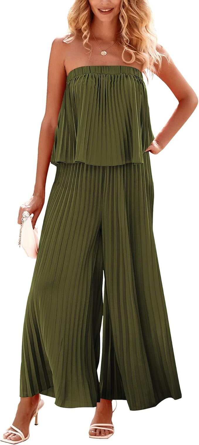 BTFBM Women Off Shoulder Summer Rompers 2023 Strapless Pleated Wide Leg Palazzo Pants Jumpsuit On... | Amazon (US)