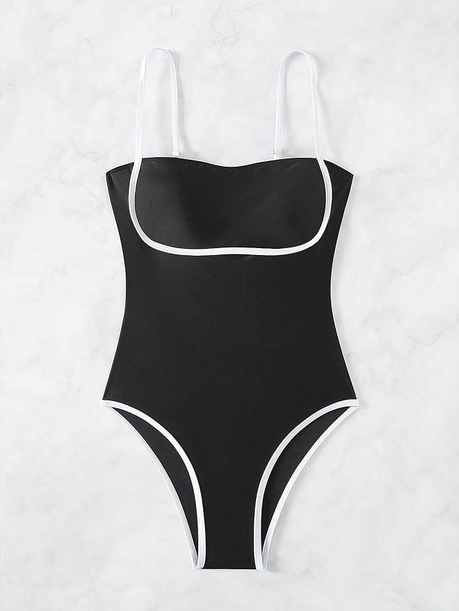 Floerns Women's One Piece Spaghetti Strap Colorblock Square Neck Sleeveless Swimsuit | Amazon (US)