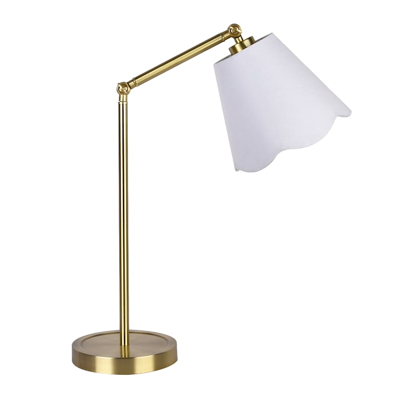 Brushed Brass Desk Lamp with White Fabric Scalloped Shade, 20" | At Home
