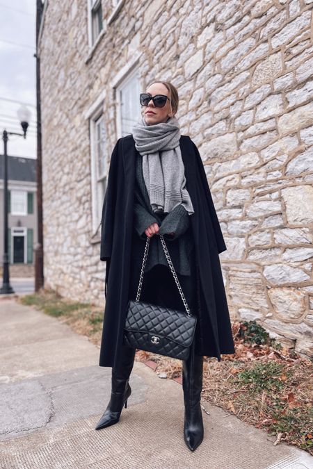 Black coat, winter outfit, gray scarf, black knee high boots, classic style 

#LTKstyletip #LTKSeasonal