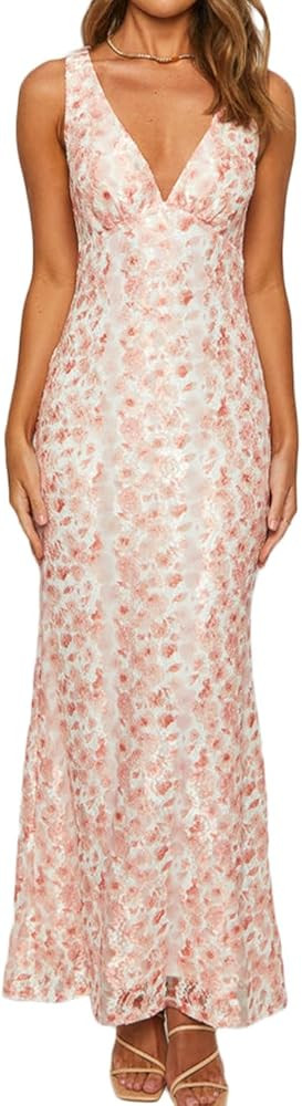 Elegant Lace Floral V Neck Backless Bodycon Dresses for Women Sexy Cut Out Low Back Sleeveless Ma... | Amazon (US)