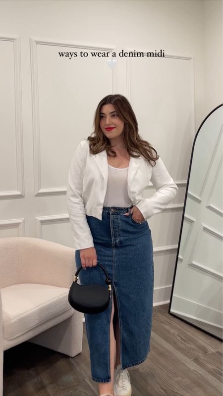 How to style a denim midi skirt this fall with a cropped white blazer, white tank, vejas sneakers and a mini black bag. 

#LTKHolidaySale #LTKstyletip #LTKmidsize