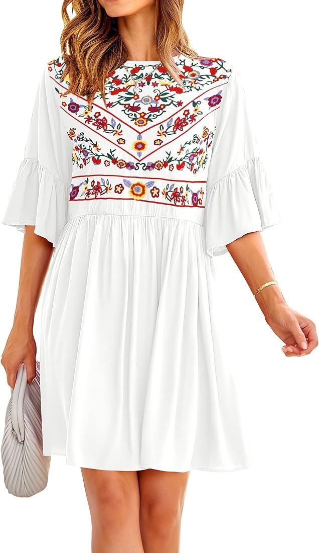 KIRUNDO 2023 Summer Women Bell Sleeve Floral Embroidered Mini Babydoll Dress Boho Casual Round Ne... | Amazon (US)