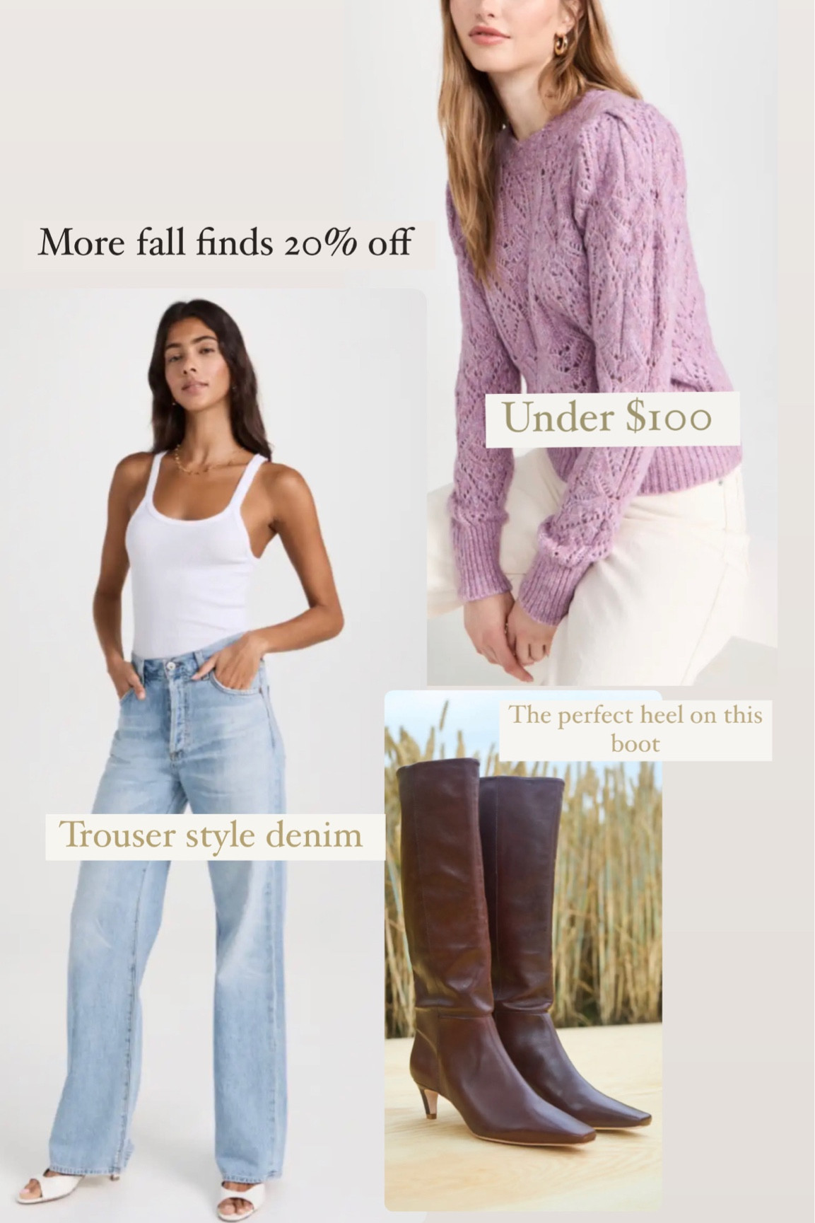 Gorgeous sweaters, trouser style denim, leather boots. 
Shopbop sale 20% off code FALL20

#LTKSeasonal #LTKover40 #LTKsalealert
