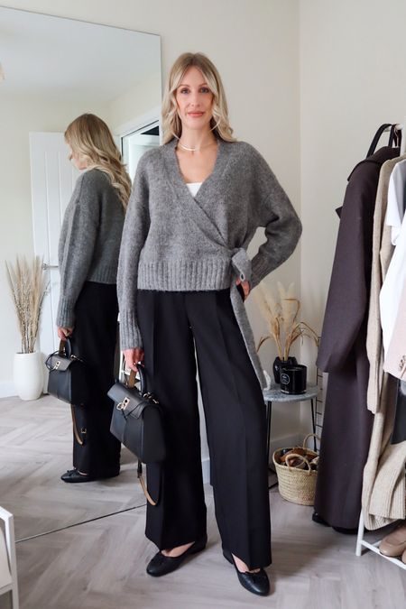 Casual workwear outfit - knitwear ballerina wrap top, black wide leg trousers and ballet pumps #workoutfit #workwear #officeoutfit 

#LTKunder100 #LTKworkwear
