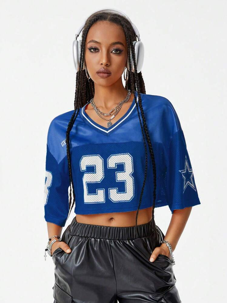 SHEIN Coolane Women's Street Football Race Number Print Short Sleeve Jersey T-Shirt | SHEIN