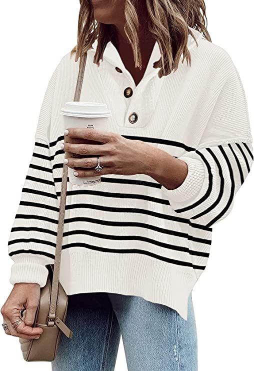 ETCYY Womens Striped Sweaters Fall 2022 Batwing Long Sleeve Side Slit Oversized Crew Neck Knit Pu... | Amazon (US)