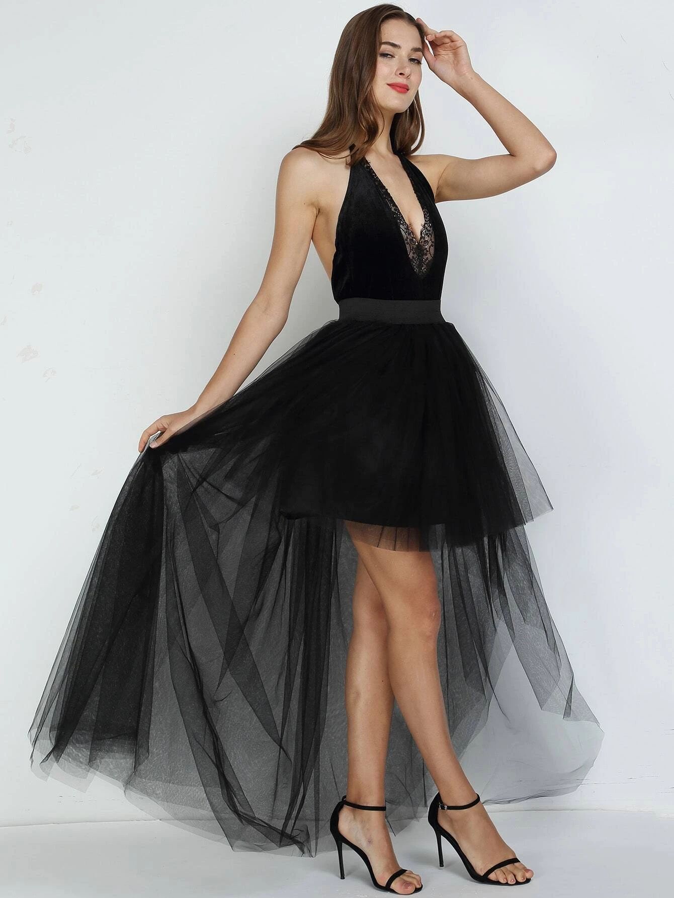 High Waist Contrast Lace High Low Mesh Overlay Skirt | SHEIN