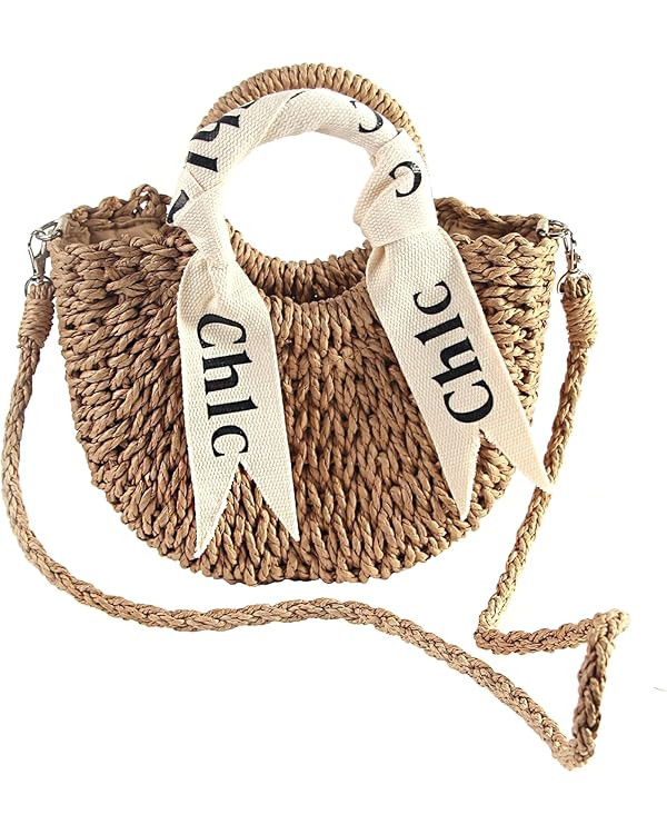 Eiyye Women's Shoulder Handbag Straw Beach Bag Woven Bag Handbag Purse Summer Beach Bag, Khaki | Amazon (US)