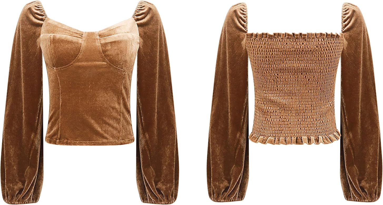 R.Vivimos Women's Fall Velvet Long Sleeves Square Neckline Casual Vintage Crop Tops Blouse | Amazon (US)
