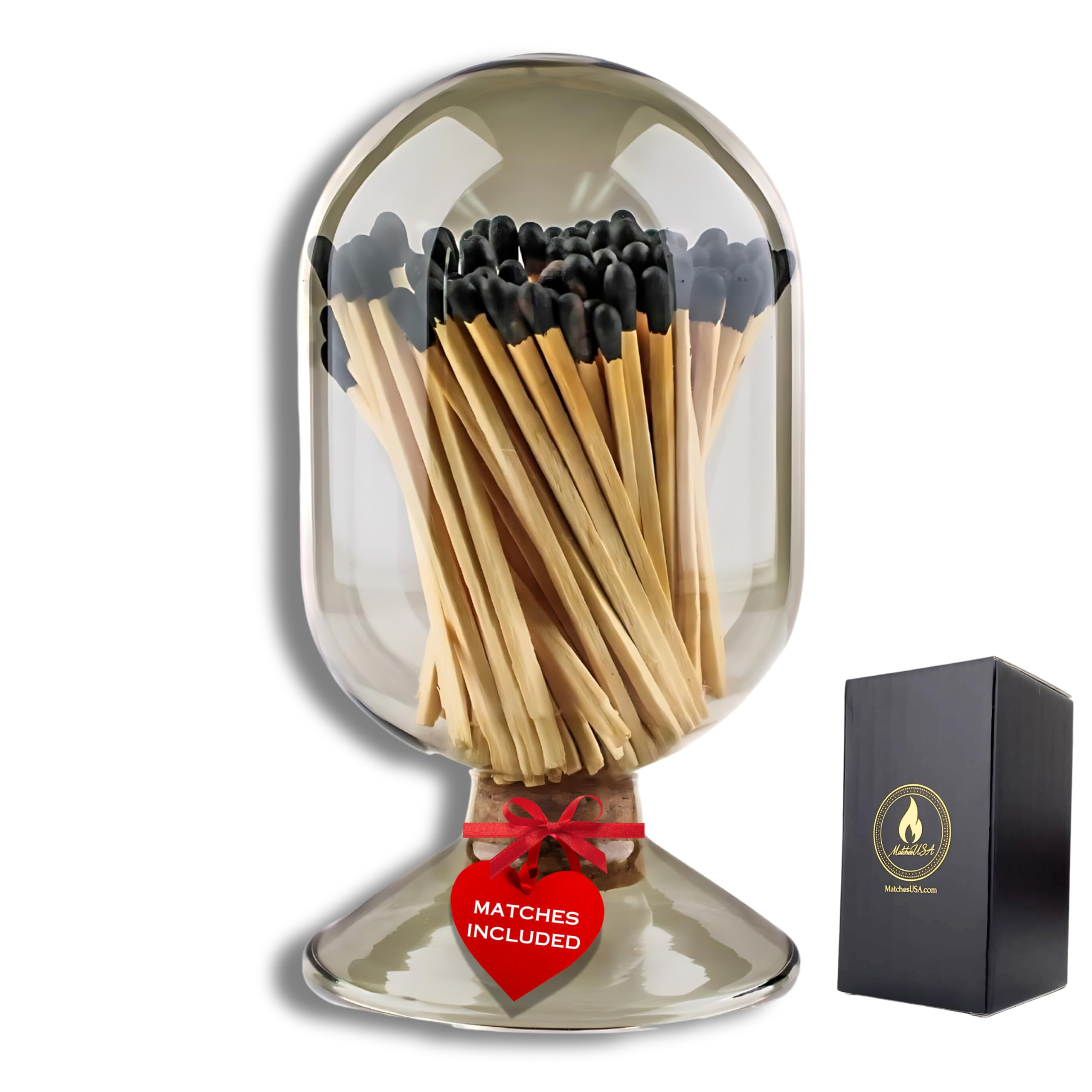 INCLUDES MATCHES ! | Smoke Gray Glass Matches Cloche | Grey Tinted Decorative Match Holder Jar fo... | Amazon (US)