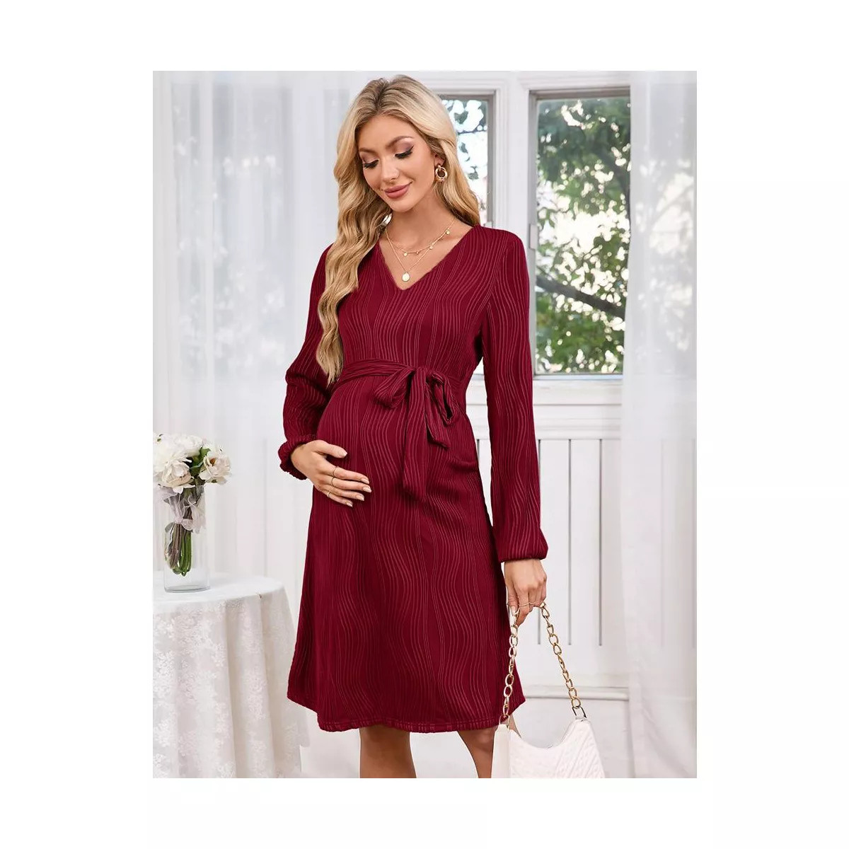 WhizMax Women Maternity Dress Rib Knit V Neck Lantern Long Sleeve Pregnancy Dresses with belt for... | Target