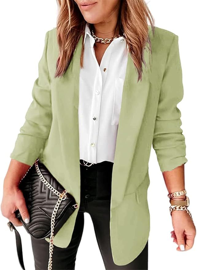 Langwyqu Womens Casual Open Front Blazers Long Sleeve Work Office Jacket Blazer | Amazon (US)